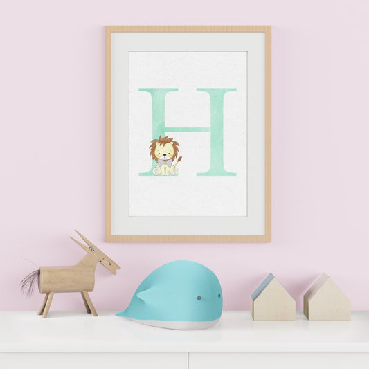 Personalised Lion Watercolour Initial Print