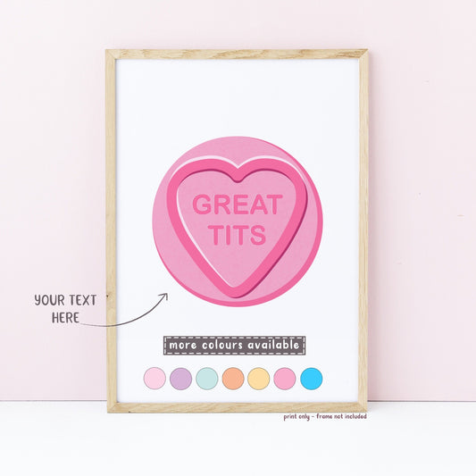 "Great Tits" Retro Love Heart Sweet Print