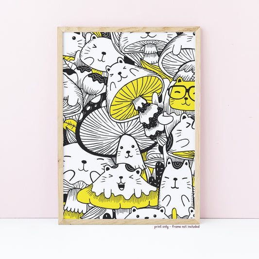 Mushroom & Cat Wall Print