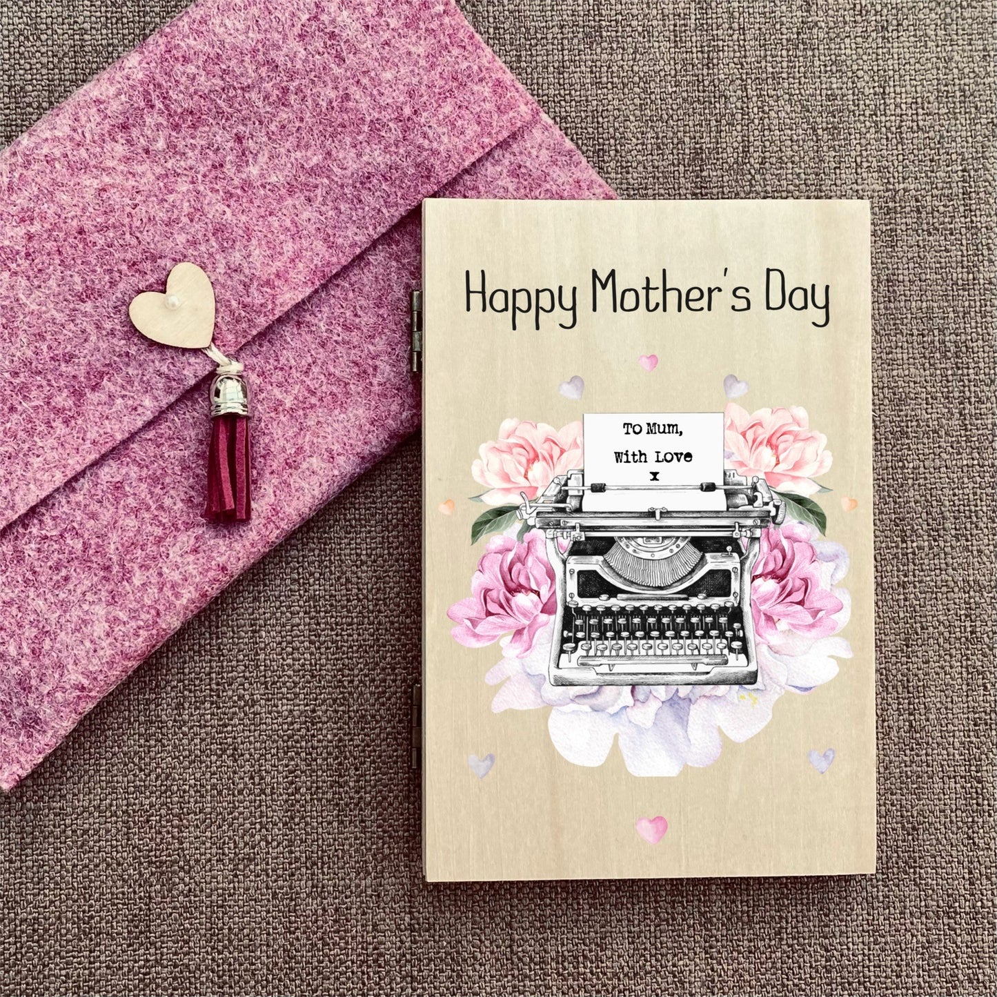 Wooden Mothers Day Card - Floral Typewriter